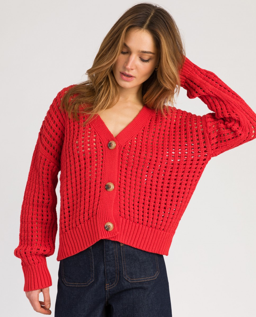 Mango cable knitted cardigan in red